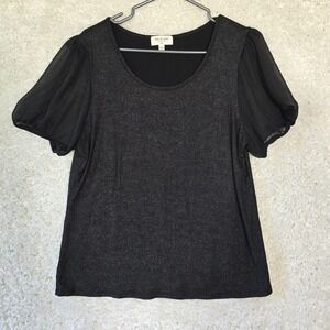 Kim & Cami Shimmer Puff Sleeve Top Women Large Black Silver Glitter Glam Party